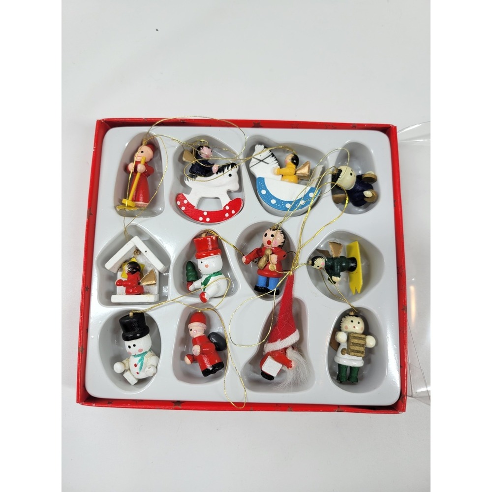 12 Vintage Wood Mini Christmas Ornaments‎ Kitschy Retro Hand Painted